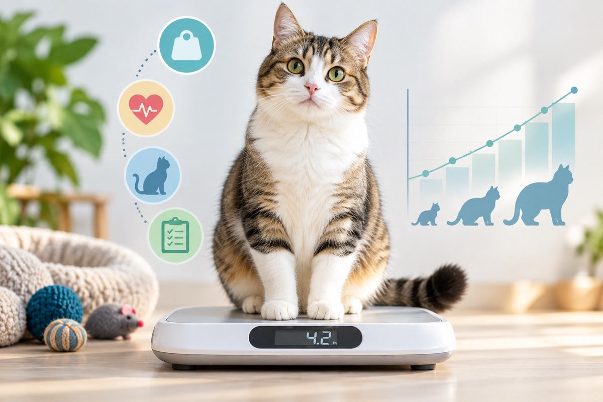 Cat weight calculator: a tabby and white cat sitting on a digital scale reading 4.2 kg, beside a growth chart from kitten to adult cat
