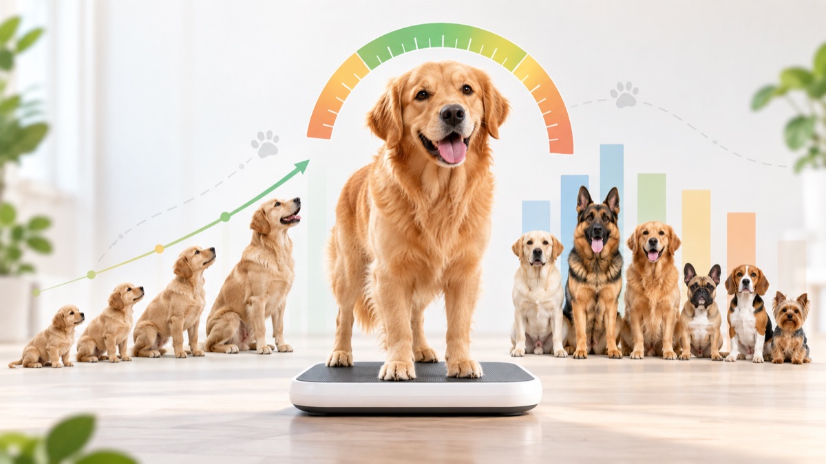 Dog weight calculator: a Golden Retriever on a scale under a healthy-weight gauge, with puppies growing to adult size and dog breeds of different sizes